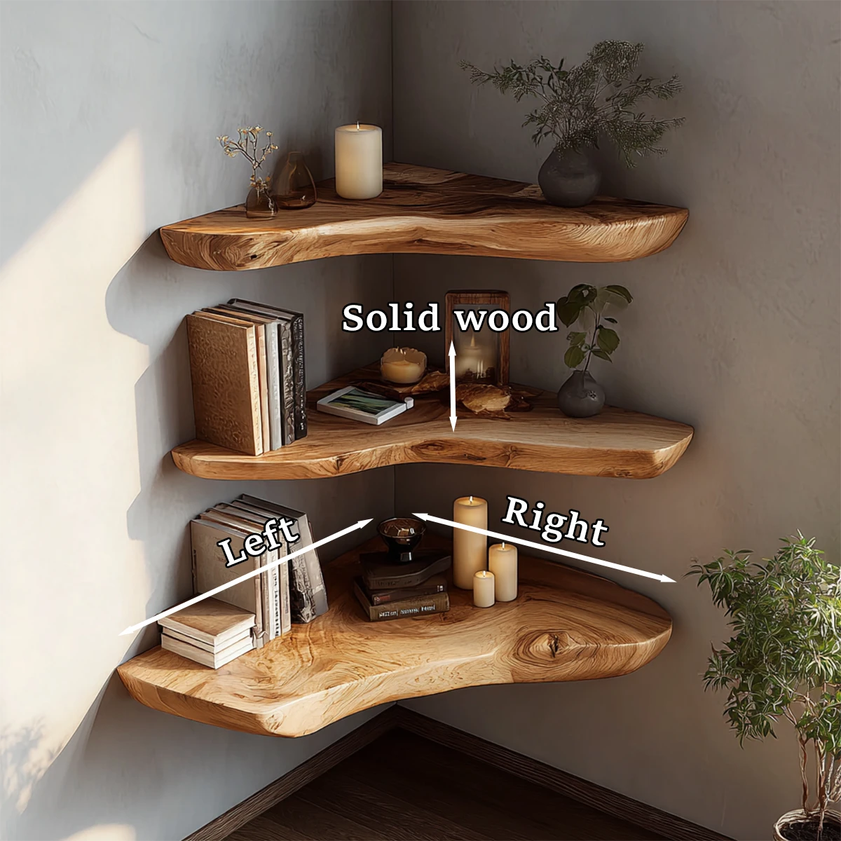 Rustic modern corner shelving unit displaying live edge slab styling and warm oak tone finish