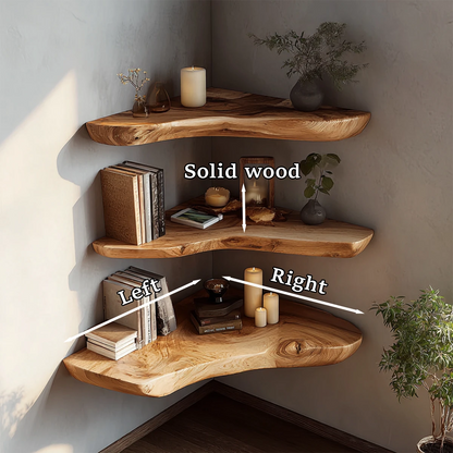 Rustic modern corner shelving unit displaying live edge slab styling and warm oak tone finish