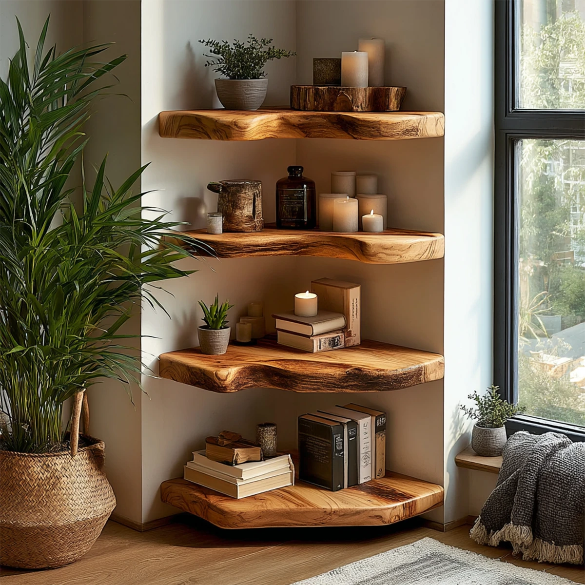 Modern corner wall shelves designed with natural slab styling and refined oak tone finish