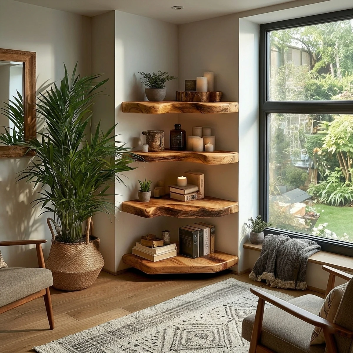 Corner floating shelves featuring live edge slab design and smooth oak tone finish wall storage