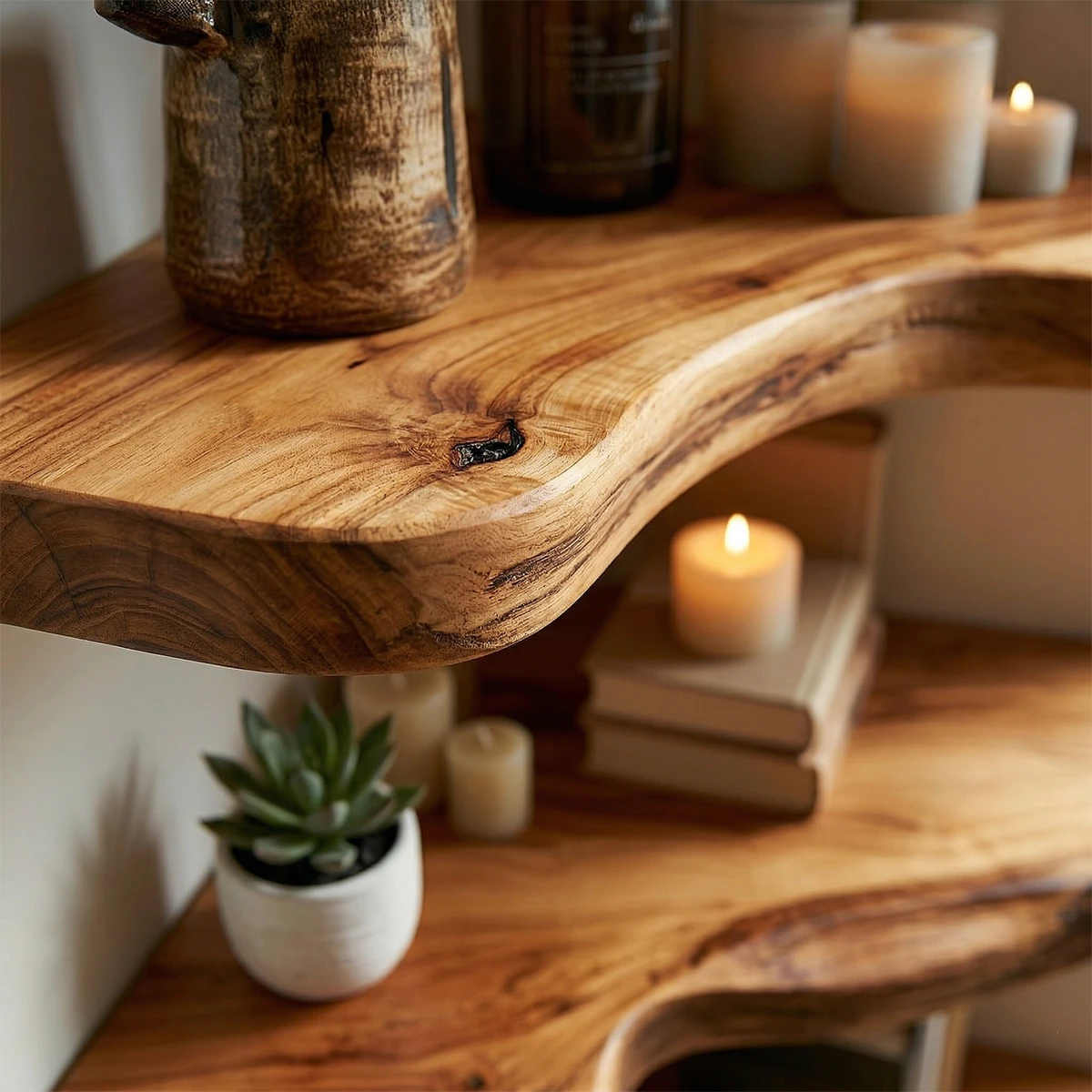 Contemporary floating corner shelves showcasing organic slab edges and warm oak tone finish