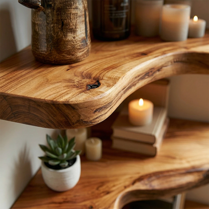 Contemporary floating corner shelves showcasing organic slab edges and warm oak tone finish