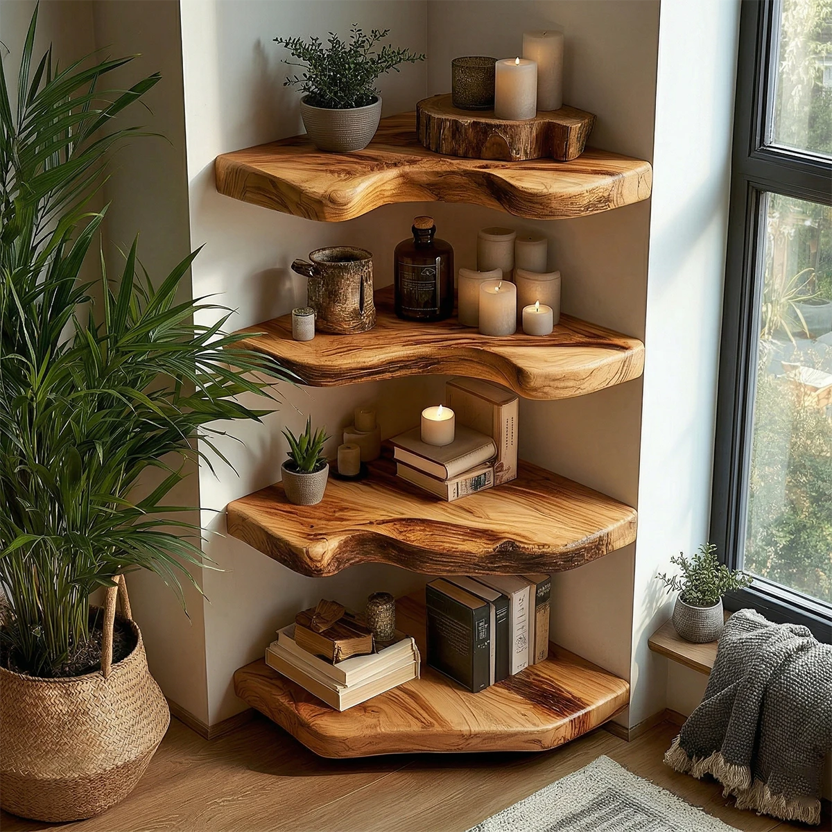Minimalist corner shelving unit featuring natural slab contours and smooth oak tone finish