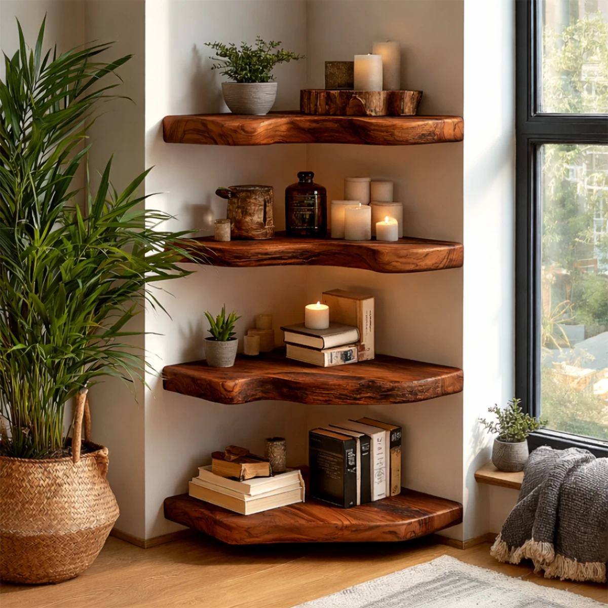 Decorative corner floating shelves designed with handcrafted slab detail and brown tone finish