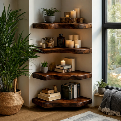 Functional wall corner shelves showcasing live edge styling and refined walnut tone finish
