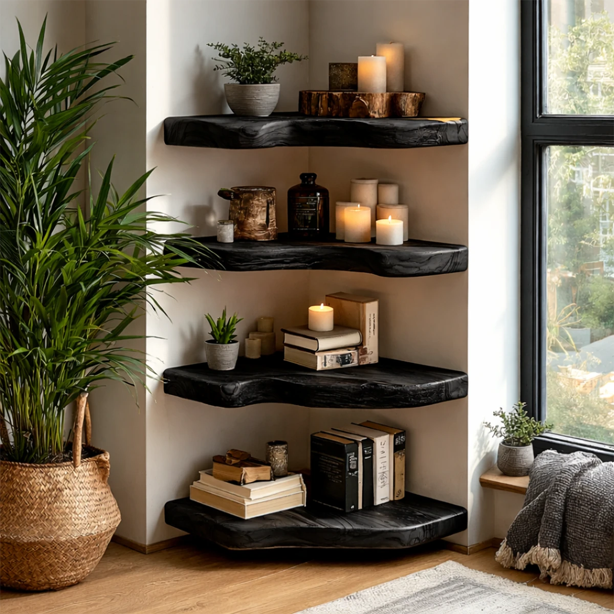 Japandi style corner floating shelves featuring organic slab form and smooth black tone finish