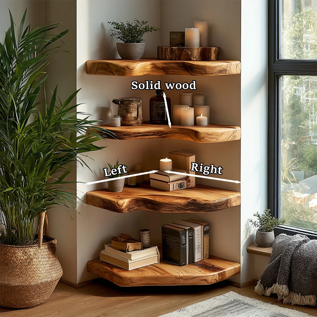 Space saving corner shelving unit designed with natural slab profile and oak tone finish