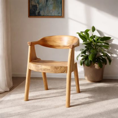 Designed for comfort, this modern dining chair showcases a smooth wooden structure and form