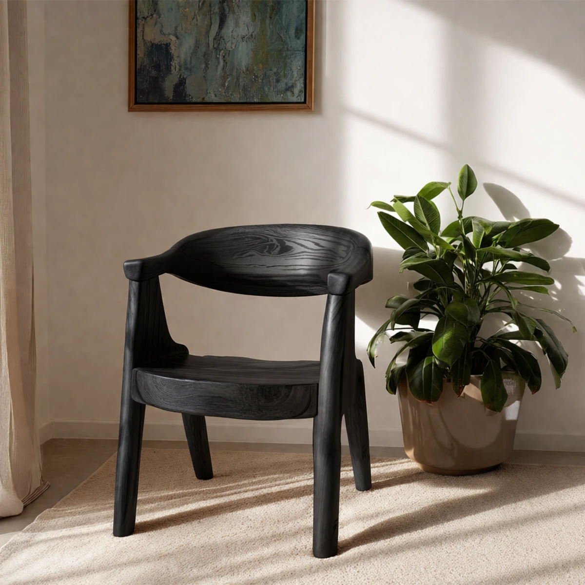 A solid wood armchair with organic shape blends seamlessly into minimalist home styling