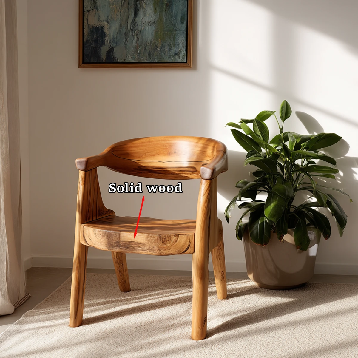 In a bright corner, a modern wooden chair adds natural texture and refined seating appeal