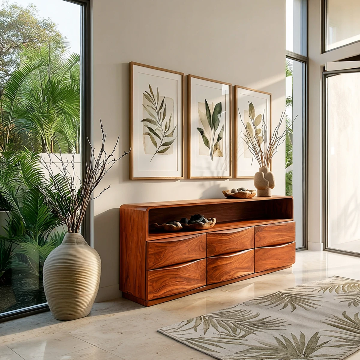 Contemporary sideboard with open shelf storage and smooth curved drawer front design