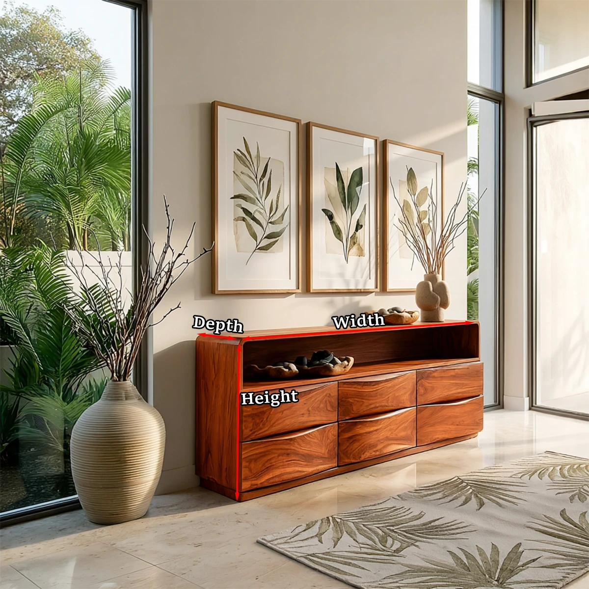 Minimalist storage sideboard with open shelf display and elegant curved edge detailing