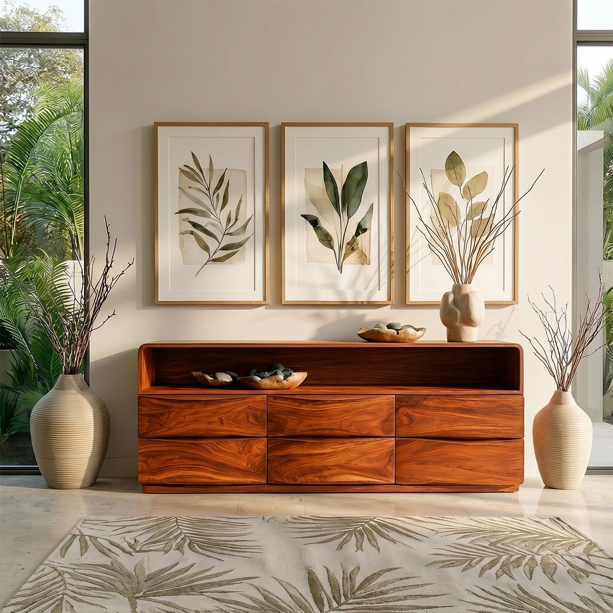 Minimalist sideboard console with sleek open shelving and seamless curved detailing