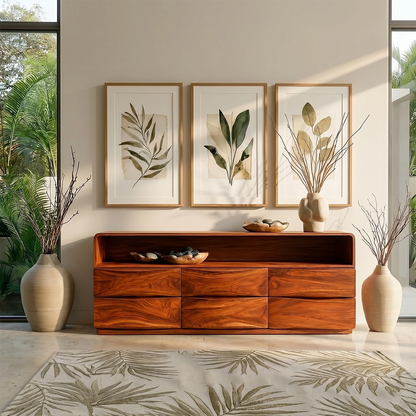 Minimalist sideboard console with sleek open shelving and seamless curved detailing