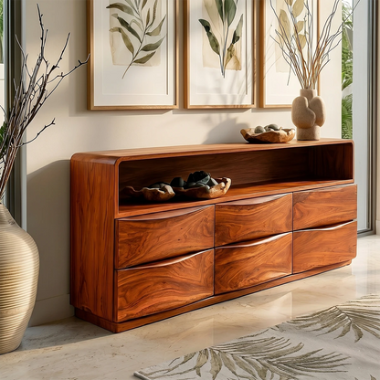 Elegant storage credenza with soft rounded corners and practical multi drawer layout