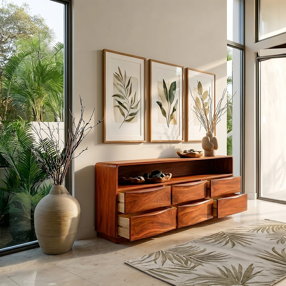 Sculpted modern sideboard with open display shelf and streamlined drawer organization