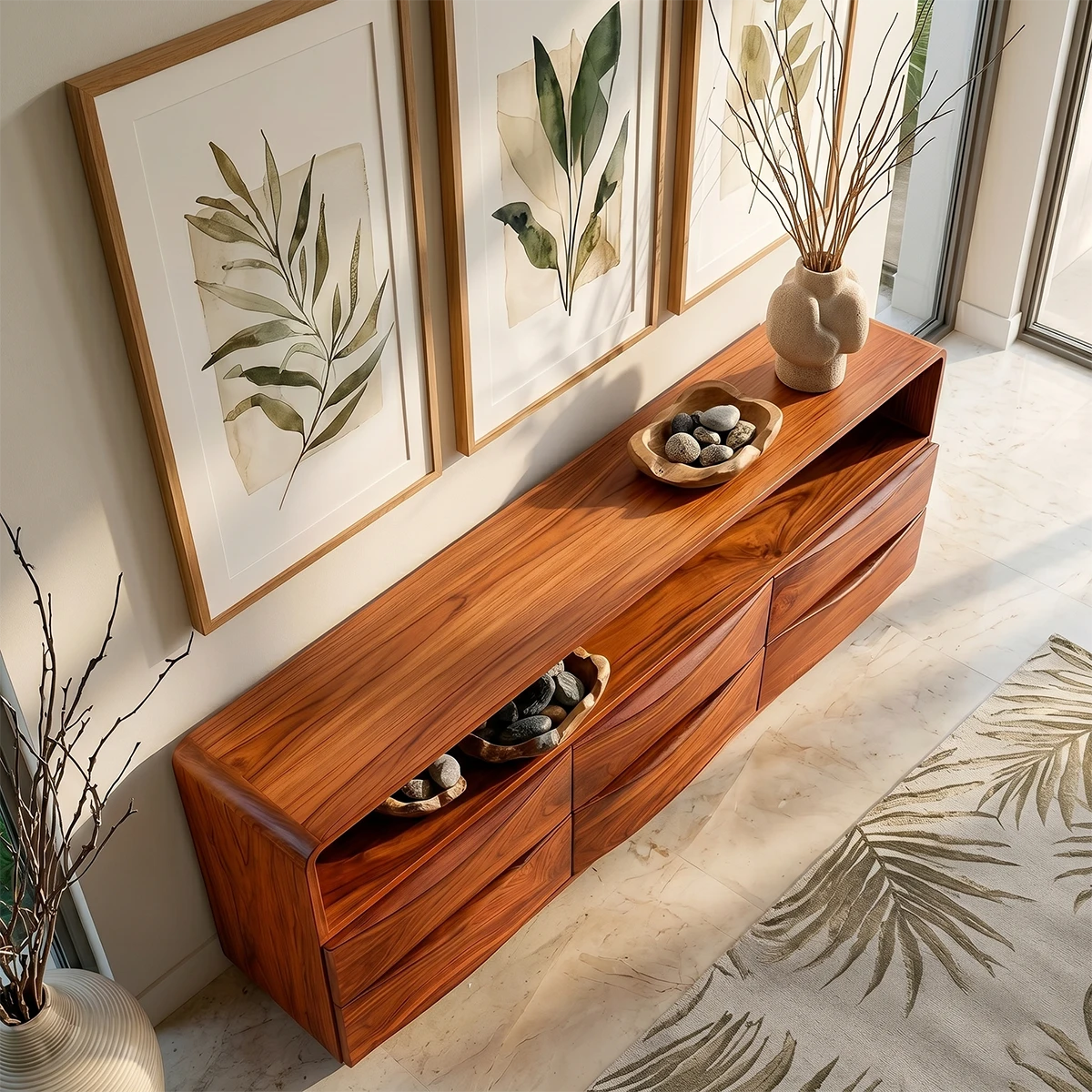 Refined buffet cabinet with curved profile and contemporary concealed storage design
