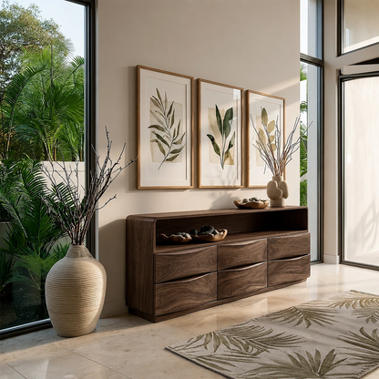 Modern storage console featuring rounded edges and functional drawer compartments