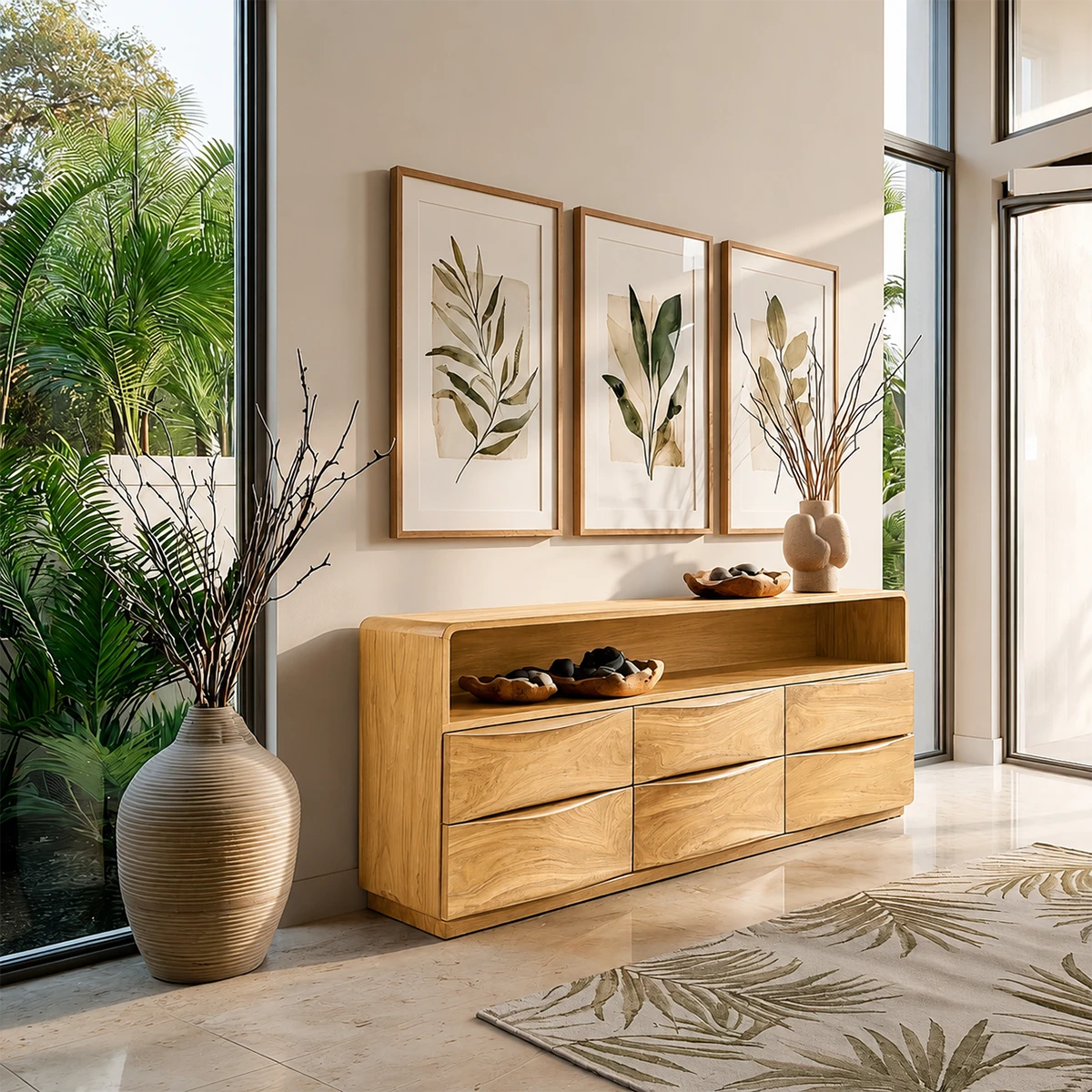 Stylish sideboard cabinet with smooth curved frame and integrated open shelf storage