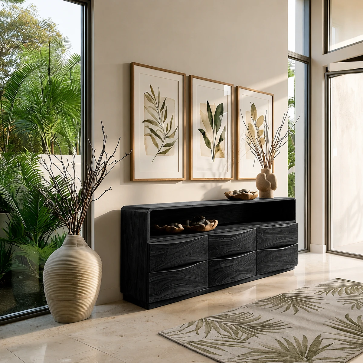 Contemporary credenza cabinet with balanced drawer layout and minimalist wood styling
