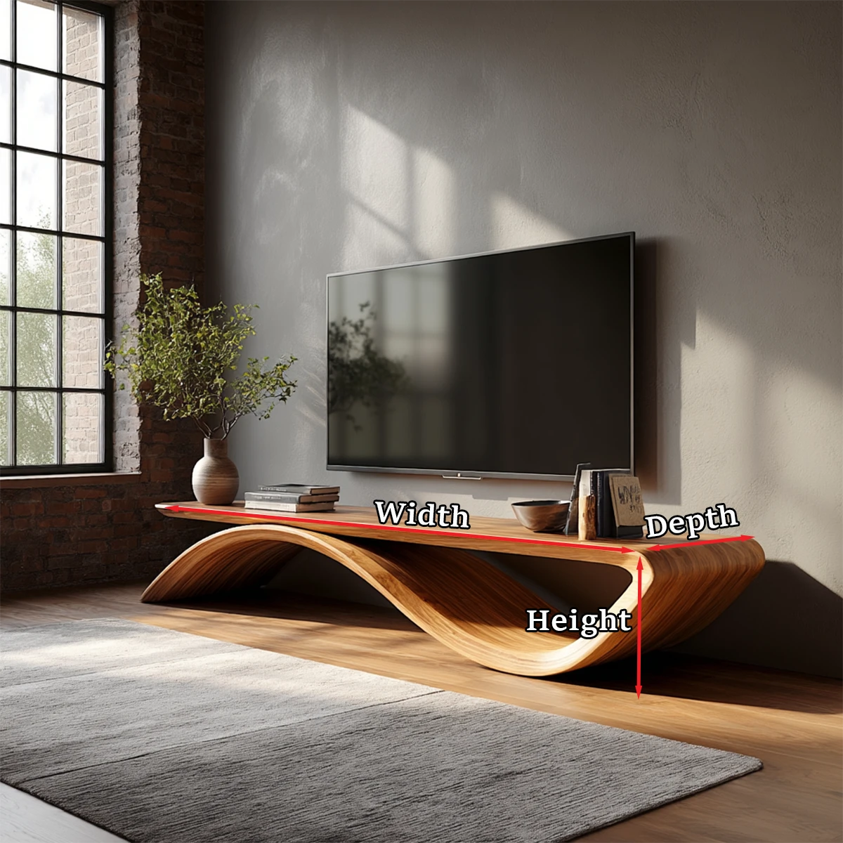 Unique TV stand with organic curved shape and natural wood finish for modern homes