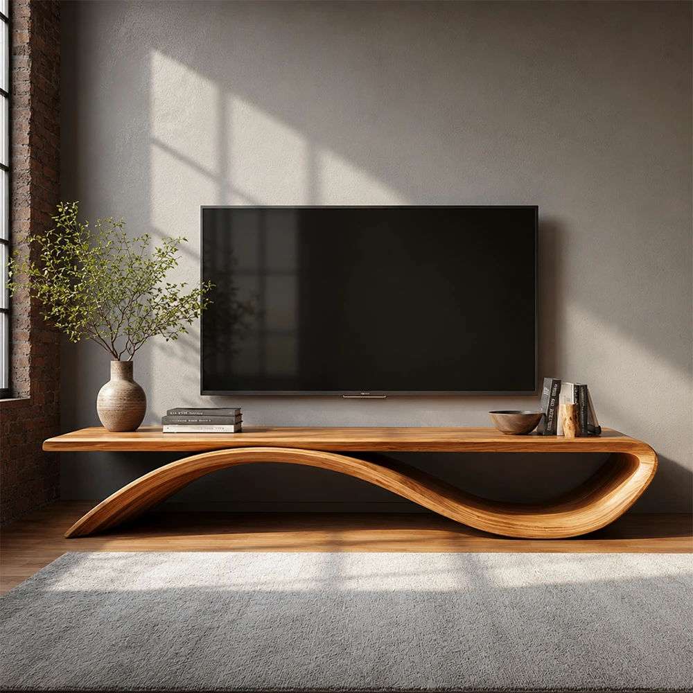 Modern wooden TV stand with a television mounted on a wall in a room with natural light.
