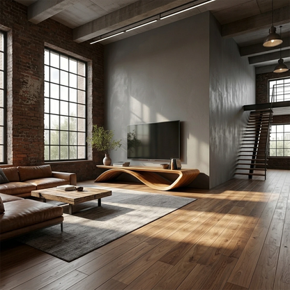 Modern media console featuring sculptural wave base and natural wood look in bright space