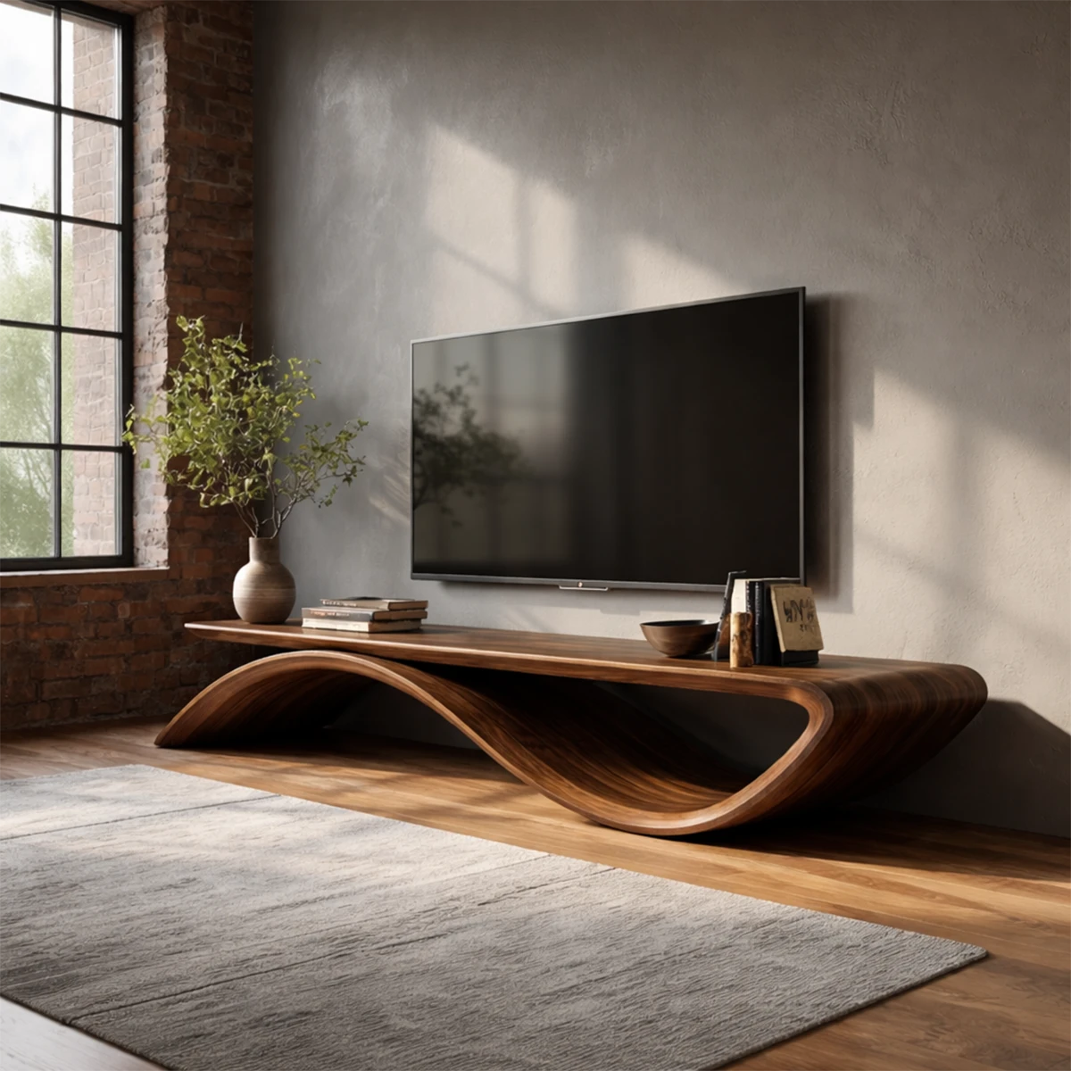 Wave design media cabinet with sleek low profile and natural wood finish for living rooms
