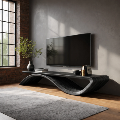 Minimalist TV console with curved structure and open shelf for clean modern interiors