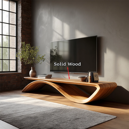 Designer media console with wave base and natural wood texture in sunlit living space