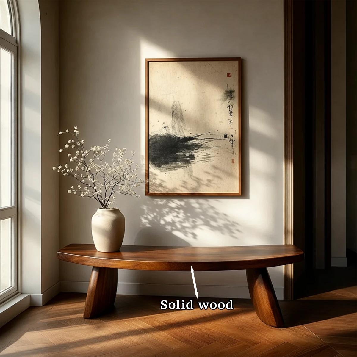 Timeless entry seating bench showcasing organic modern styling and elegant walnut tone finish
