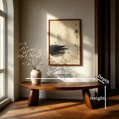 Low profile hallway bench designed with curved silhouette and smooth walnut tone finish