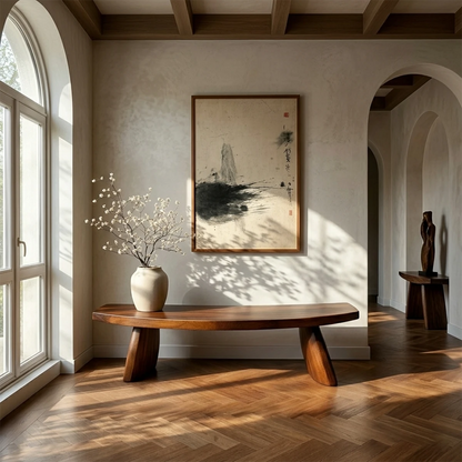 Elegant entryway bench designed with flowing seat profile and warm walnut tone finish