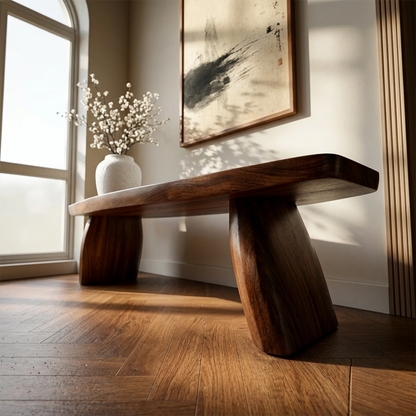 Minimalist hallway bench featuring soft rounded edges and smooth walnut tone finish