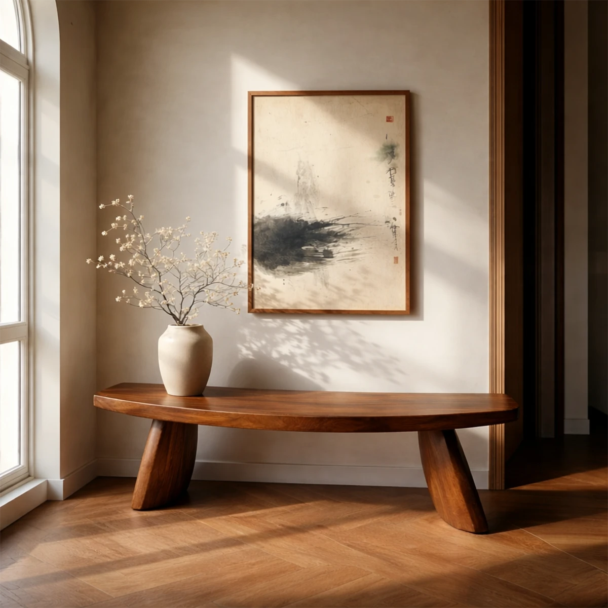 Functional entryway seating bench designed with sculptural base and brown tone finish
