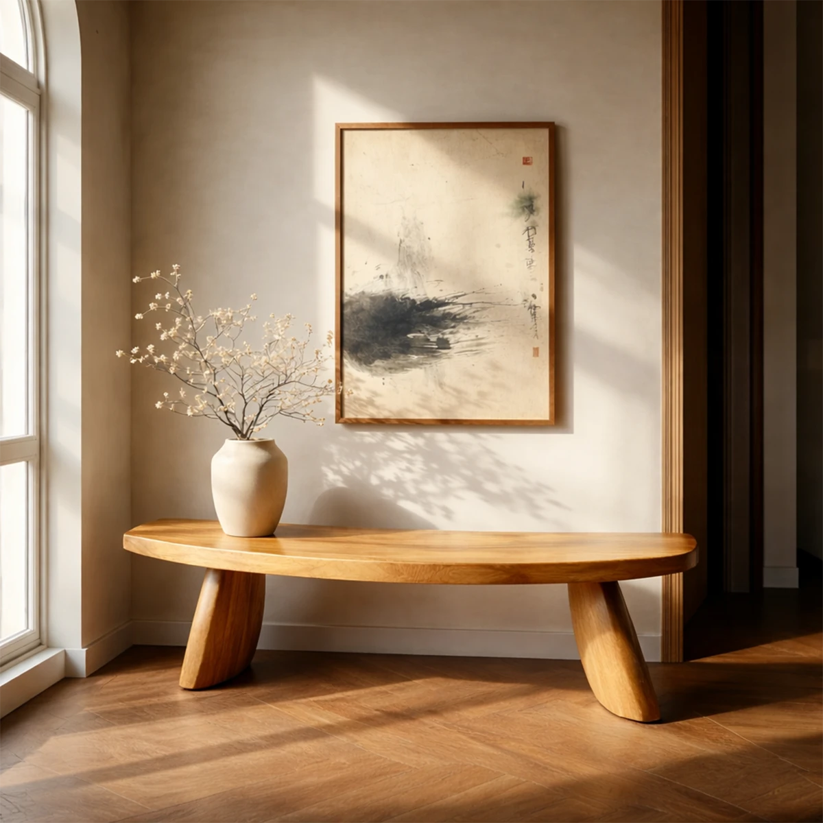 Decorative modern bench featuring flowing seat geometry and polished oak tone finish