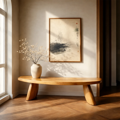 Decorative modern bench featuring flowing seat geometry and polished oak tone finish
