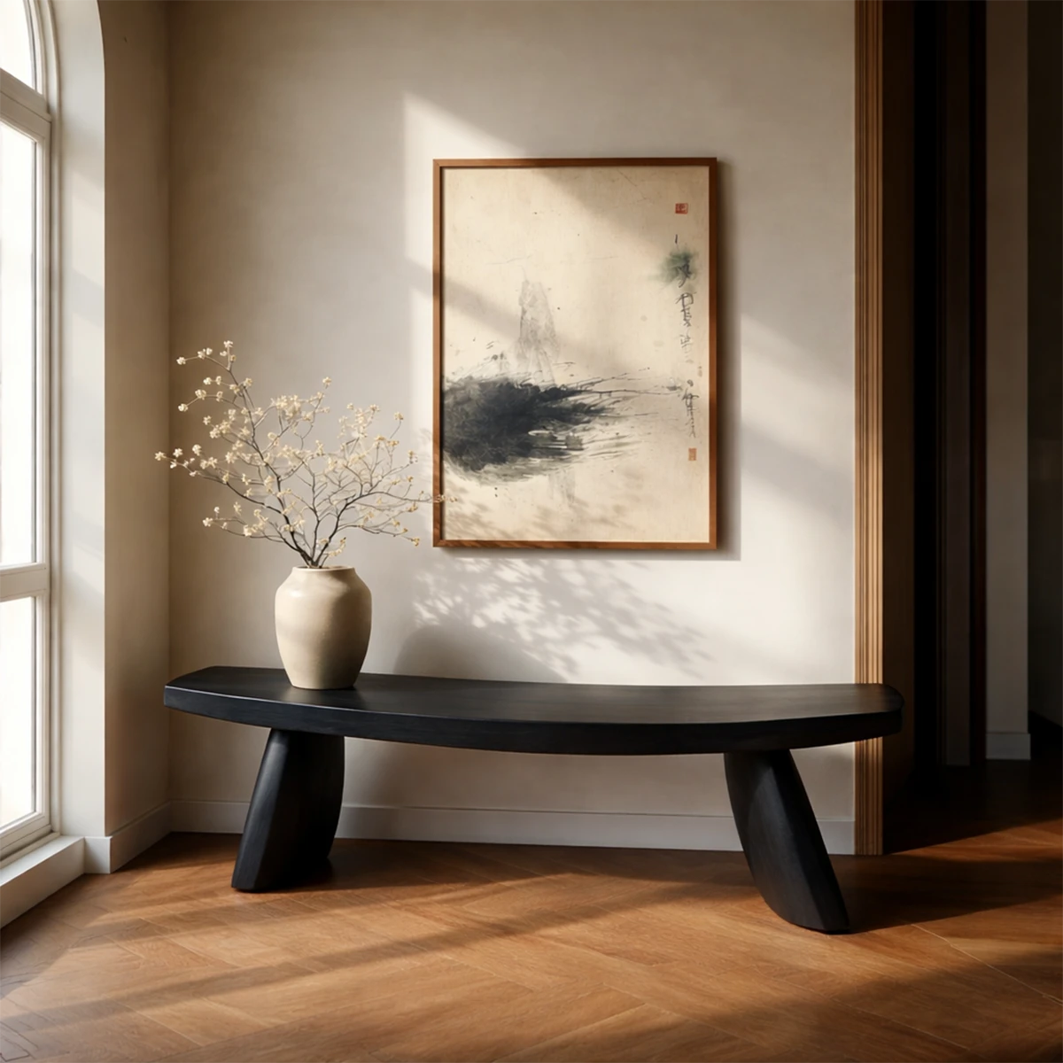 Low profile hallway bench designed with curved silhouette and smooth black tone finish