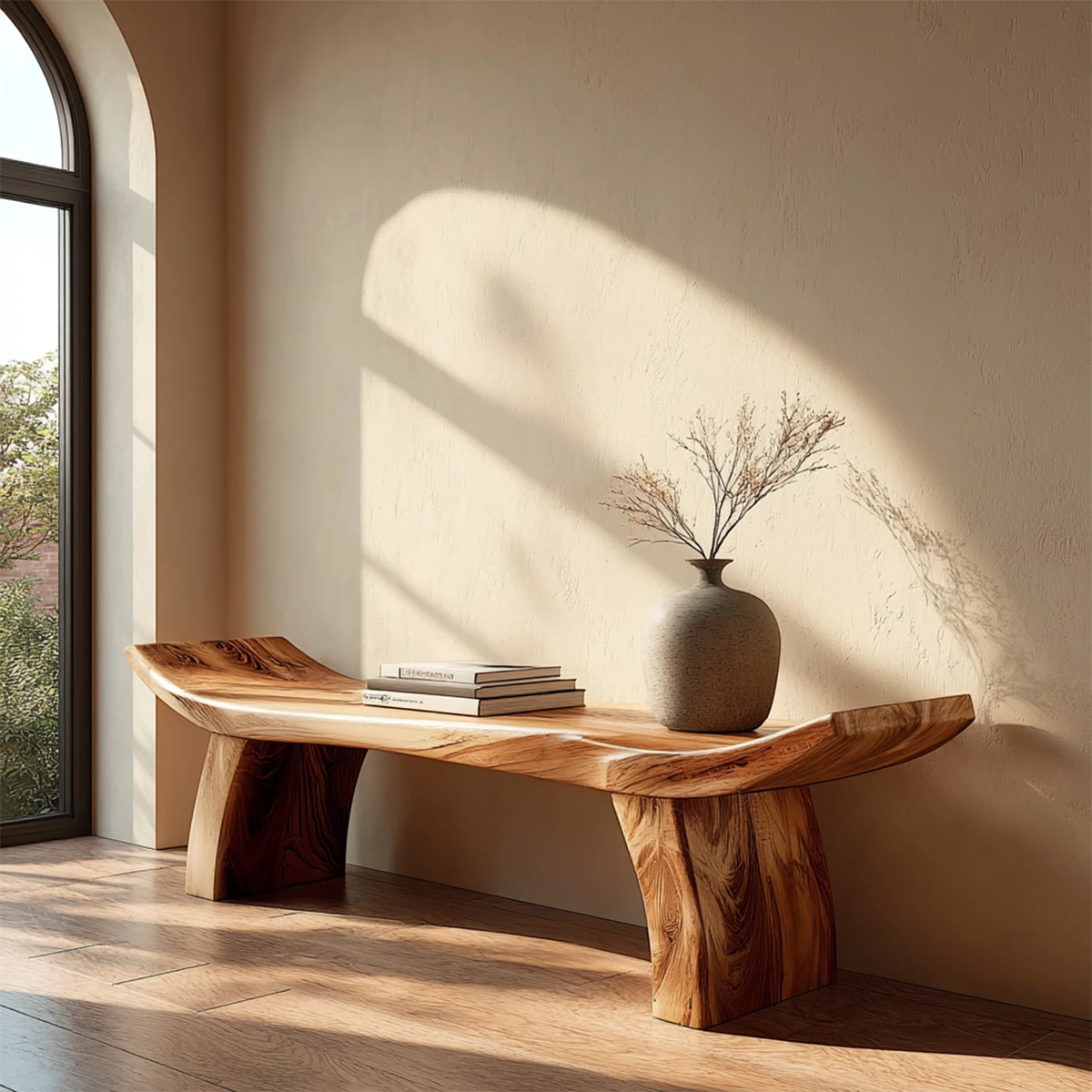 Curved slab bench featuring sculpted seat profile and smooth brown tone finish modern entryway seating