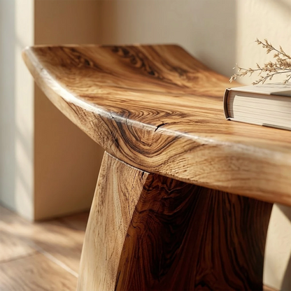 Contemporary seating bench showcasing sculptural slab legs and warm brown tone finish detail