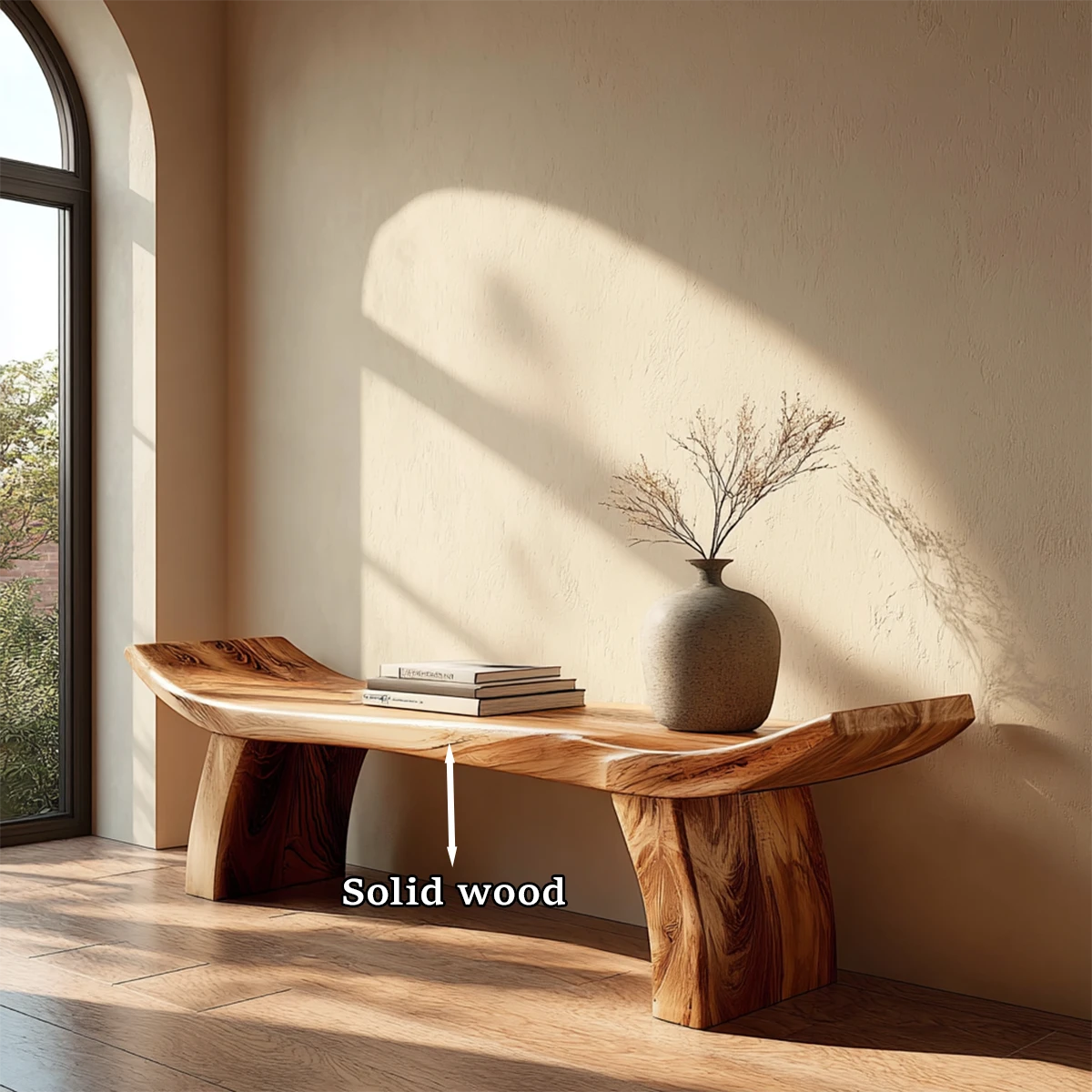 Low profile seating bench designed with curved slab form and smooth brown tone finish