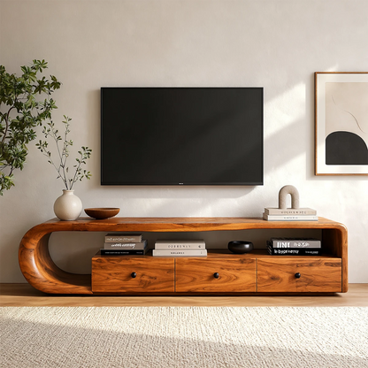 Modern TV stand with curved side frame and natural wood finish for minimalist living rooms