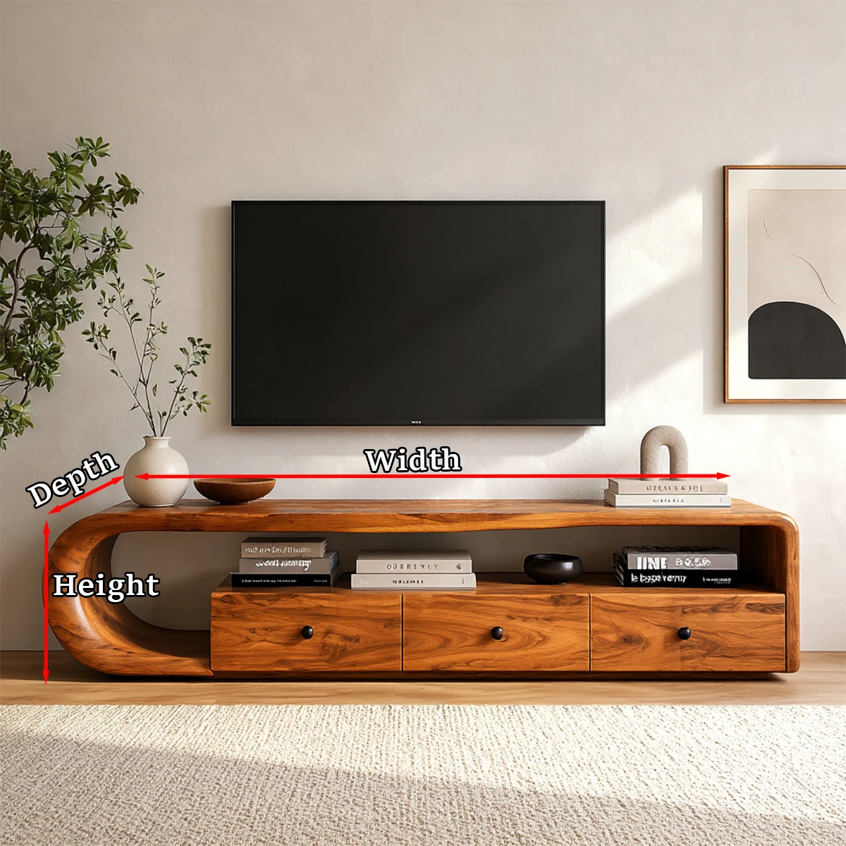 Curved television console with clean drawer fronts and natural wood finish design