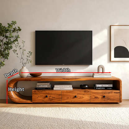 Curved television console with clean drawer fronts and natural wood finish design