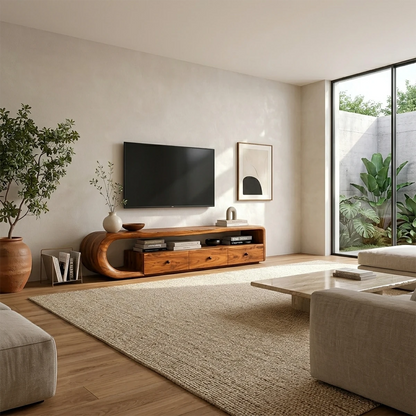 Contemporary media console featuring drawer storage and natural wood finish craftsmanship