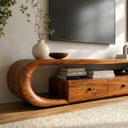 Elegant entertainment center with rounded silhouette and natural wood finish detailing