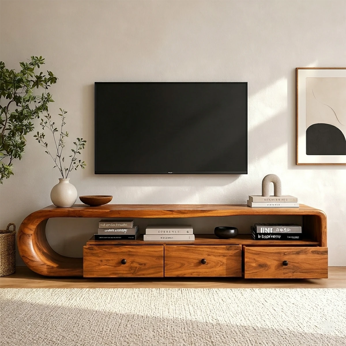 Japandi TV console cabinet showcasing curved edges and natural wood finish styling