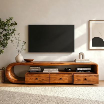 Japandi TV console cabinet showcasing curved edges and natural wood finish styling