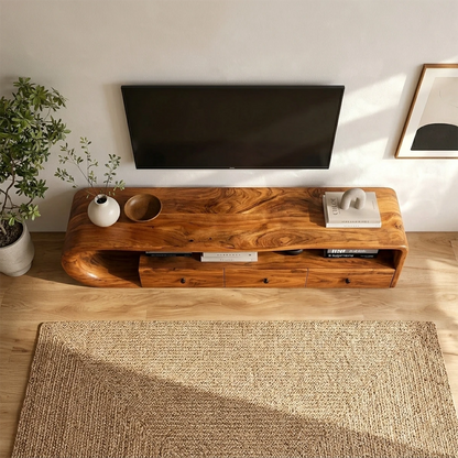 Minimalist television stand with soft organic lines and natural wood finish surfaces