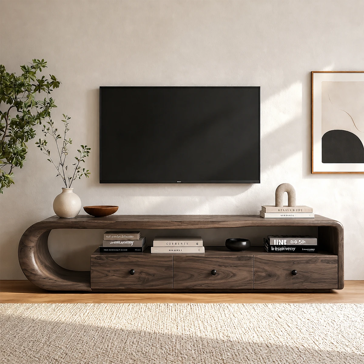 Architectural media cabinet designed with flowing curves and natural wood finish tones